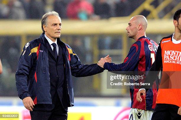 Franco Colomba coach of Bologna FC congratulates his player Roberto Guana during the match of Serie A between Bologna FC and AC Siena at Stadio...