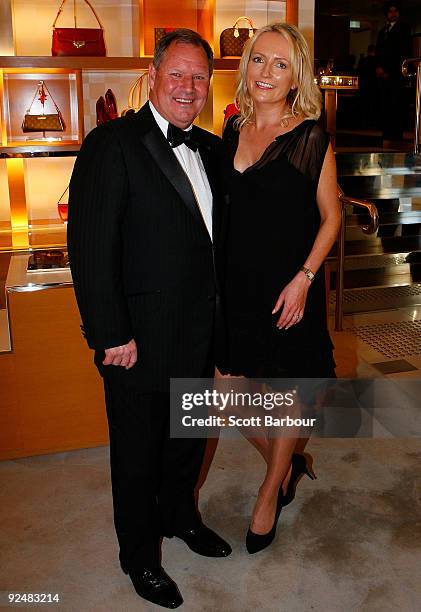 Lord Mayor Robert Doyle and Emma Page-Campbell pose for a photograph as they arrive for the first anniversary of the Louis Vuitton Collins Street...