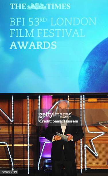 Host Paul Gambaccini talks during the Times BFI 53rd London Film Festival Awards Ceremony at Inner Temple on October 28, 2009 in London, England.