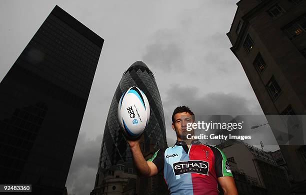 Danny Care of Harlequins poses during a media event to announce QBE as the Official Insurance Partner of the Guinness Premiership at the Lloyds...