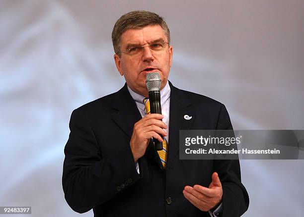 Dr. Thomas Bach, President of the German Olympic Sports Confederation and Chairman of the General Assembly of Munich 2018, talks to guests during the...