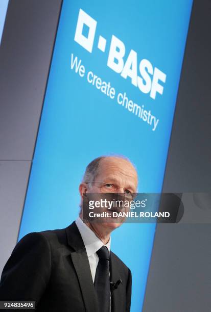 Kurt Bock, CEO of German chemical giant BASF, addresses journalists during his company's annual press conference to present the results for 2017 at...