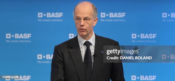 Kurt Bock, CEO of German chemical giant BASF, addresses journalists during his company's annual press conference to present the results for 2017 at...