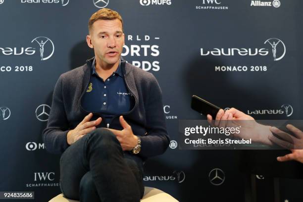 Laureus Ambassador Andriy Shevchenko is interviewed prior to the Laureus World Sports Awards at the Meridien Beach Plaza on February 27, 2018 in...