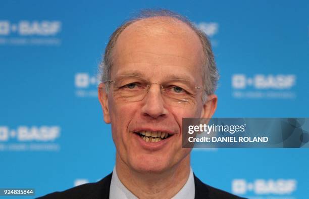 Kurt Bock, CEO of German chemical giant BASF, addresses journalists during his company's annual press conference to present the results for 2017 at...