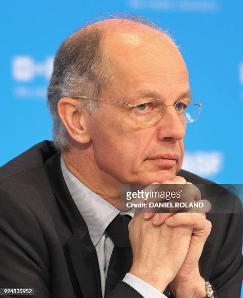 Kurt Bock, CEO of German chemical giant BASF, is pictured during his company's annual press conference to present the results for 2017 at the BASF...