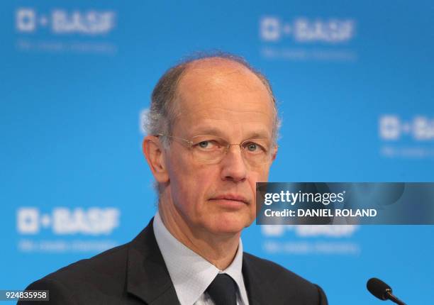 Kurt Bock, CEO of German chemical giant BASF, is pictured during his company's annual press conference to present the results for 2017 at the BASF...