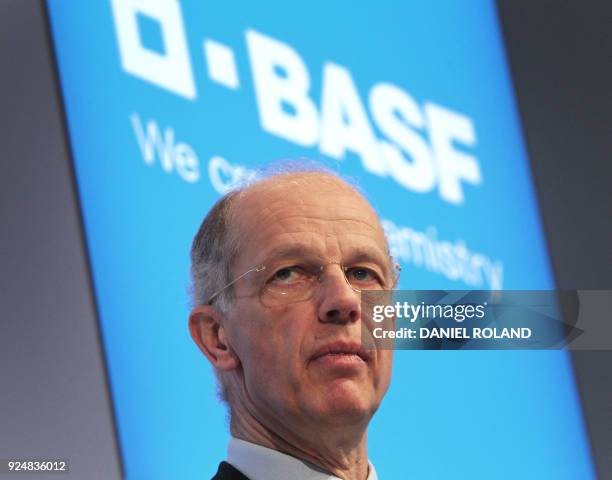 Kurt Bock, CEO of German chemical giant BASF, is pictured during his company's annual press conference to present the results for 2017 at the BASF...