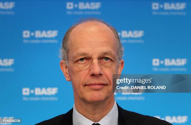 Kurt Bock, CEO of German chemical giant BASF, is pictured during his company's annual press conference to present the results for 2017 at the BASF...