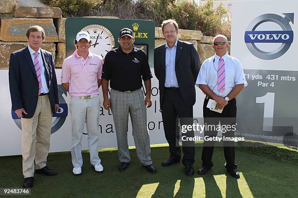 Chief Executive of the European Tour George O'Grady, Rory McIlroy of Northern Ireland, Angel Cabrera of Argentina, President of Volvo Event...
