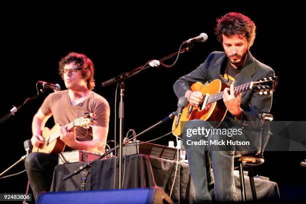 Jemaine Clement and Bret McKenzie of Flight Of The Conchords perform on stage at the Orpheum Theater on June 1st 2008 in Los Angeles, California.