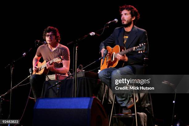 Jemaine Clement and Bret McKenzie of Flight Of The Conchords perform on stage at the Orpheum Theater on June 1st 2008 in Los Angeles, California.