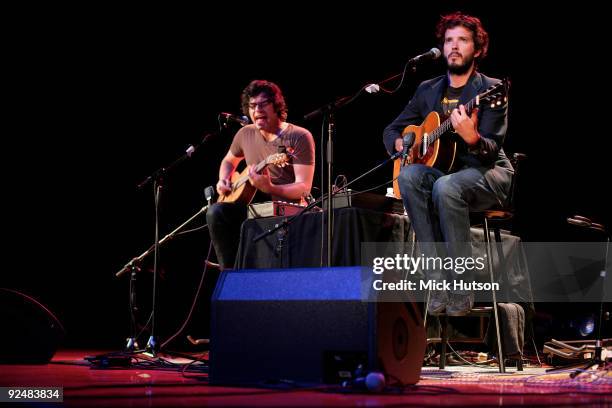 Jemaine Clement and Bret McKenzie of Flight Of The Conchords perform on stage at the Orpheum Theater on June 1st 2008 in Los Angeles, California.