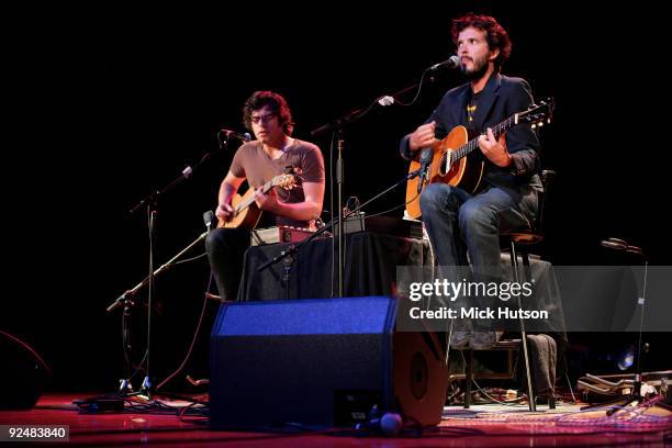 Jemaine Clement and Bret McKenzie of Flight Of The Conchords perform on stage at the Orpheum Theater on June 1st 2008 in Los Angeles, California.