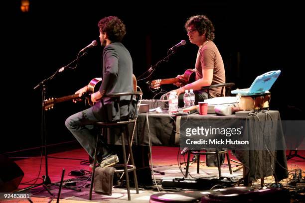 Bret McKenzie and Jemaine Clement of Flight Of The Conchords perform on stage at the Orpheum Theater on June 1st 2008 in Los Angeles, California.