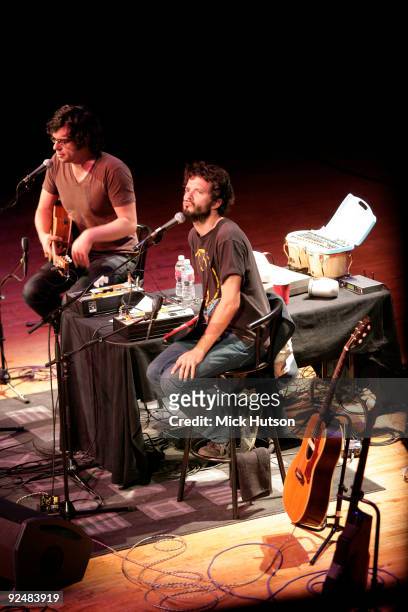 Jemaine Clement and Bret McKenzie of Flight Of The Conchords perform on stage at the Orpheum Theater on June 1st 2008 in Los Angeles, California.