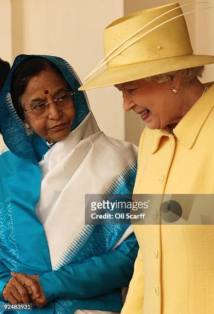 Queen Elizabeth II bids farewell to the President of the Republic of India, Prathibha Devi Singh Patil, in the grounds of Buckingham Palace on...