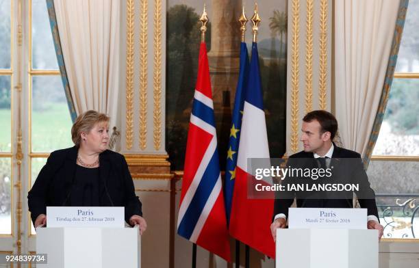 French president Emmanuel Macron and Norwegian Prime Minister Erna Solberg hold a joint press conference after their meeting at the Elysee...