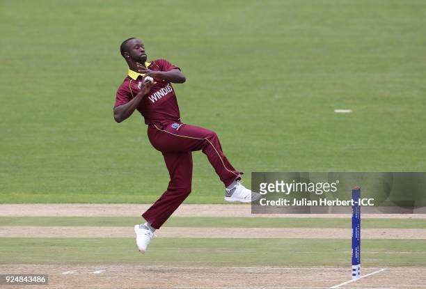 Kemar Roach of The West Indies bowls during The ICC Cricket World Cup Qualifier Warm Up match between Afghanistan and The West Indies at The Harare...