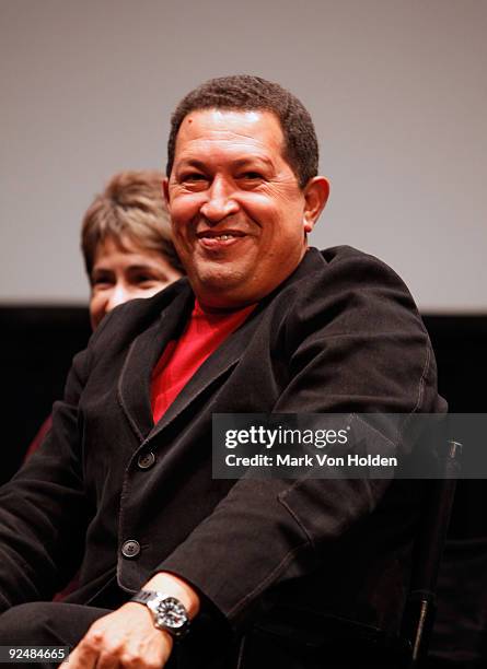 President of Venezuela, Hugo Chavez speaks at the Q and A after the screening of "South of the Border" premiere at the Walter Reade Theater on...