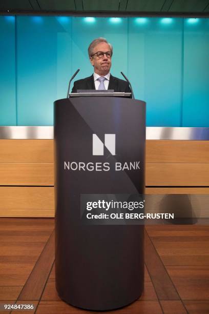 Oystein Olsen, Governor of the Central Bank of Norway , presents the annual report of the Norwegian Government Pension Fund in Oslo on February 27,...