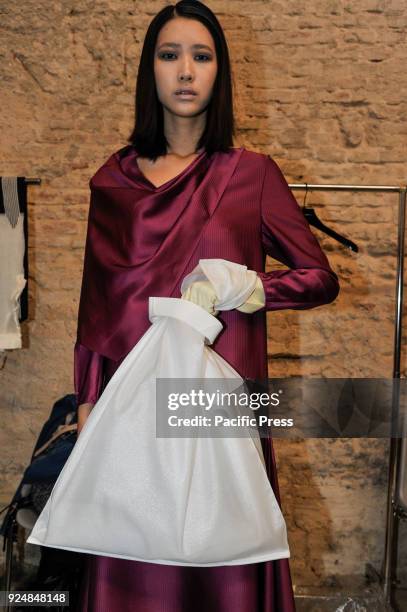 Model is seen backstage ahead of the Alberto Zambelli show during Milan Fashion Week Autumn/Winter 2019.