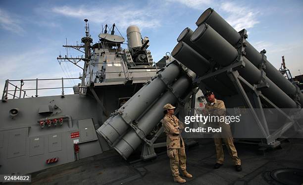 Navy soldiers stand aboard the USS Higgins destroyer on October 29, 2009 in Haifa, Israel. The crew of the USS Higgins is participating in an...