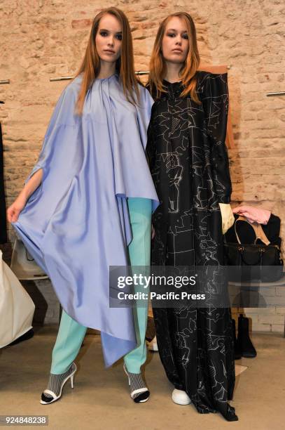 Models are seen in backstage ahead of the Alberto Zambelli show during Milan Fashion Week Autumn/Winter 2019.