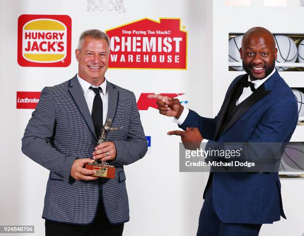 Coach Of The year Dean Vickerman lets Corey ''Homicide'' Williams pose with him at the 2018 NBL MVP Awards Night at Crown Palladium on February 27,...