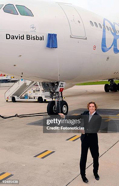 Singer David Bisbal presents Air Europa Airbus named "David Bisbal" at Barajas Airport on October 20, 2009 in Madrid, Spain.