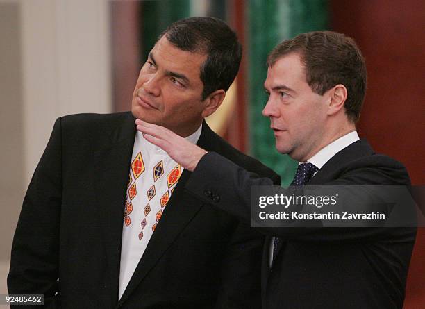 Russian President Dmitry Medvedev receives Ecuadorian President Rafael Correa during a press conference at the Grand Kremlin Palace, on October 2009...