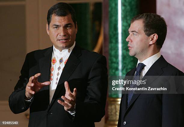 Russian President Dmitry Medvedev receives Ecuadorian President Rafael Correa during a press conference at the Grand Kremlin Palace, on October 2009...