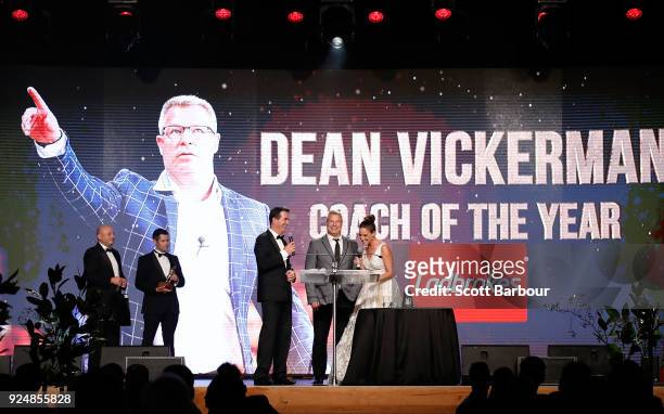 Melbourne United coach Dean Vickerman accepts the Coach of the Year award on stage at the 2018 NBL MVP Awards Night at Crown Palladium on February...
