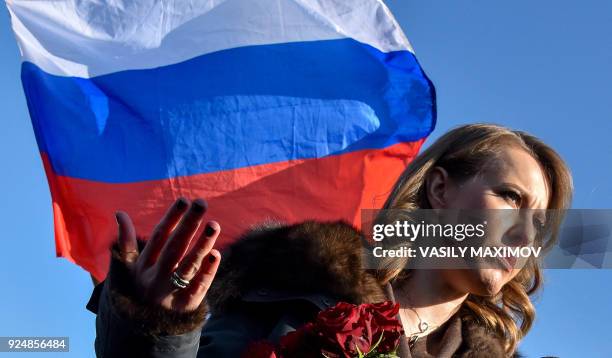 Russian presidential candidate Ksenia Sobchak speaks in central Moscow on February 27, 2018 at the site where late opposition leader Boris Nemtsov...