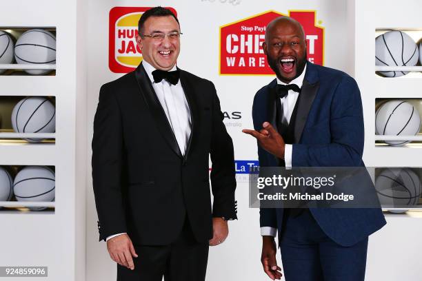 Jeremy Loeliger lets Corey ''Homicide'' Williams pose with him at the 2018 NBL MVP Awards Night at Crown Palladium on February 27, 2018 in Melbourne,...