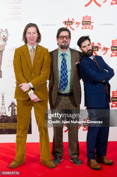 Wes Anderson, Roman Coppola and Jason Schwartman attend 'Isla de Perros' photocall at Villa Magna Hotel on February 27, 2018 in Madrid, Spain.