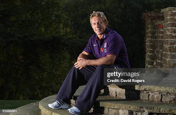 Jonny Wilkinson, the England standoff poses during the media session held at Pennyhill Park Hotel on October 29, 2009 in London, England.