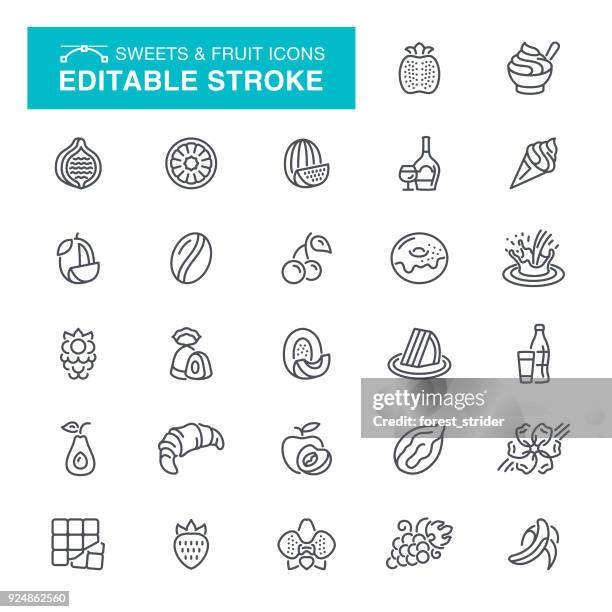 süßigkeiten und obst editierbare schlaganfall icons - vanilleeis stock-grafiken, -clipart, -cartoons und -symbole