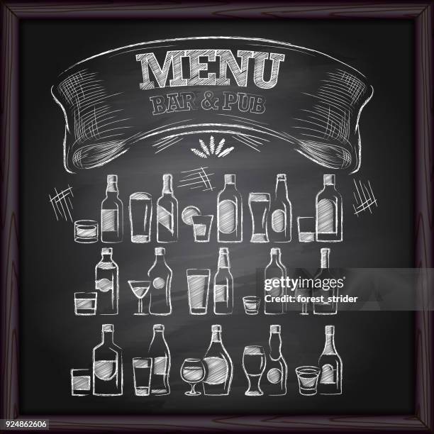 ilustrações, clipart, desenhos animados e ícones de menu de cerveja álcool na lousa - pub