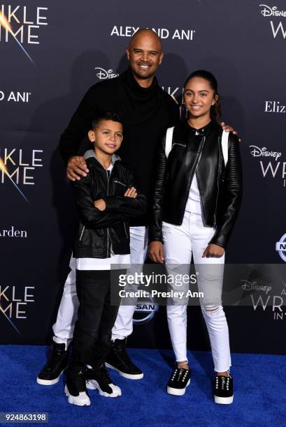 Dre Terrell Whitfield, Dondre Whitfield, and Parker Richardson Whitfield attend Premiere Of Disney's "A Wrinkle In Time" - Arrivals on February 26,...
