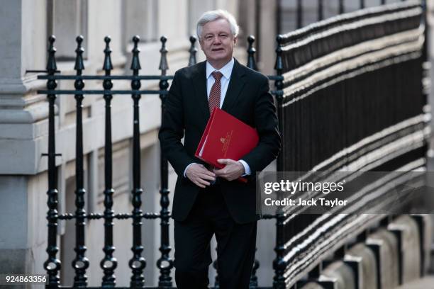 Brexit Secretary David Davis arrives on Downing Street for the weekly cabinet meeting on February 27, 2018 in London, England.