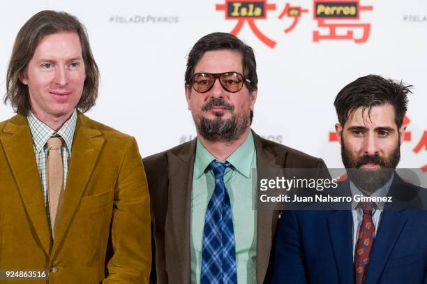 Wes Anderson, Roman Coppola and Jason Schwartman attend 'Isla de Perros' photocall at Villa Magna Hotel on February 27, 2018 in Madrid, Spain.