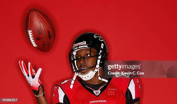 Roddy White, wide receiver of the Atlanta Falcons, poses for a portrait at the Falcons Training Complex on October 27, 2009 in Flowery Branch,...