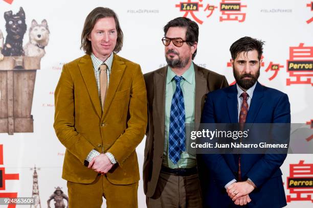 Wes Anderson, Roman Coppola and Jason Schwartman attend 'Isla de Perros' photocall at Villa Magna Hotel on February 27, 2018 in Madrid, Spain.