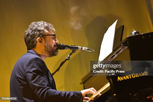 Italian singer Dario Brunori of Brunori Sas performs on stage at Teatro Augusteo.