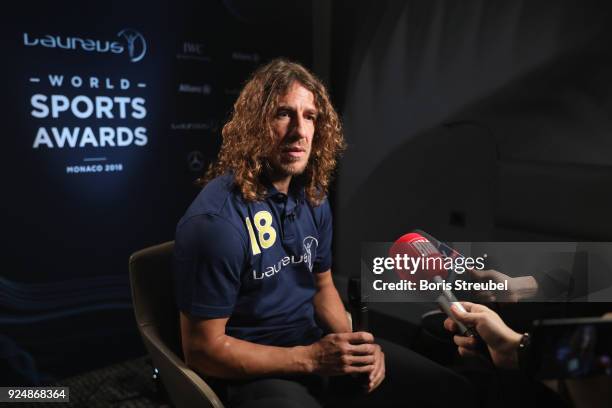 Laureus Academy member Carles Puyol is interviewed prior to the Laureus World Sports Awards at the Meridien Beach Plaza on February 27, 2018 in...