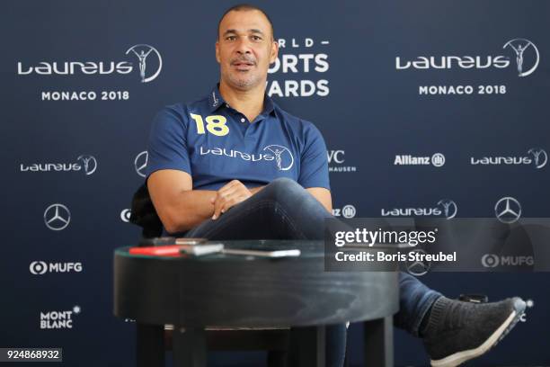 Laureus Academy Member Ruud Gullit is interviewed prior to the Laureus World Sports Awards at the Meridien Beach Plaza on February 27, 2018 in...