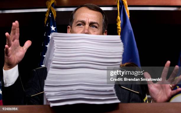 House Minority Leader John Boehner speaks about a healthcare reform bill during a news conference on Capitol Hill October 29, 2009 in Washington, DC....