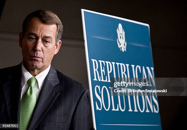 House Minority Leader John Boehner listens during a news conference on Capitol Hill October 29, 2009 in Washington, DC. Boehner was joined by other...