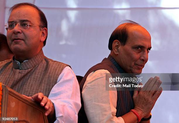 Leaders Arun Jaitley and Rajnath Singh at a traders protest against discrimination demanding reforms in taxation system and review of laws at Jantar...